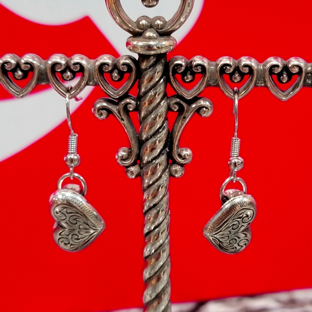 RETIRED BRIGHTON SILVER PLATED HEART SPLASH ETCHED FRENCH WIRE  EARRINGS
